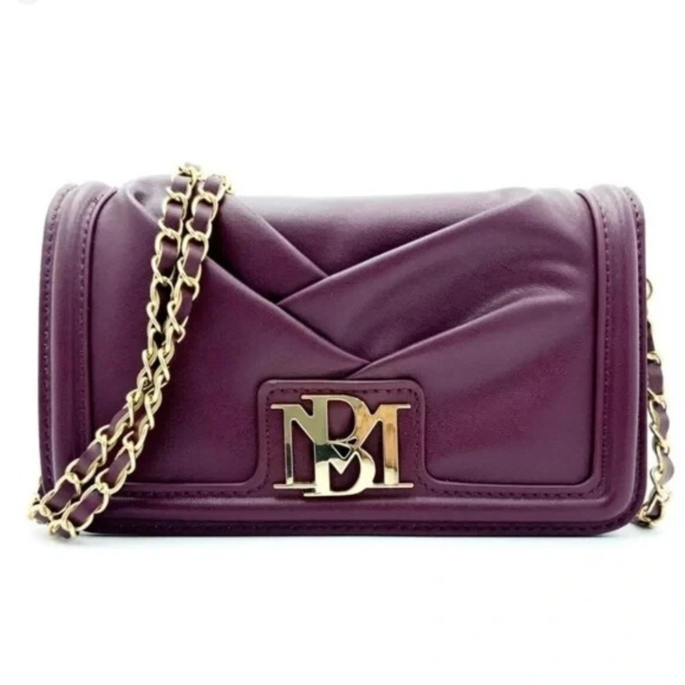 BADGLEY MISCHKA Pleated Crossbody Bag Plum Vegan Leather Braid Chain‎ Strap NEW